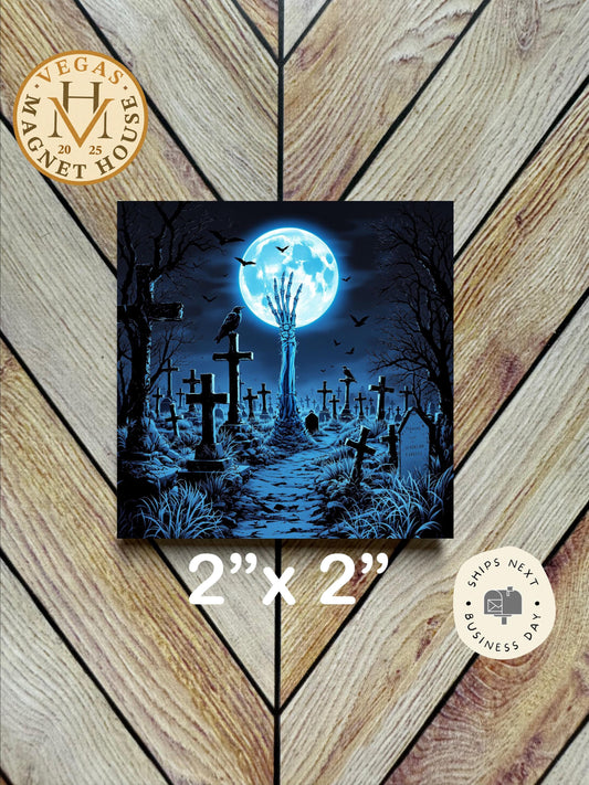 Moon scary hand skeleton magnet | Halloween Fridge Decor 2x2"