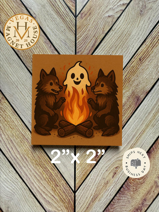 Wolves Ghost Camp fire  magnet |pumpkins | Halloween Fridge Decor 2x2"