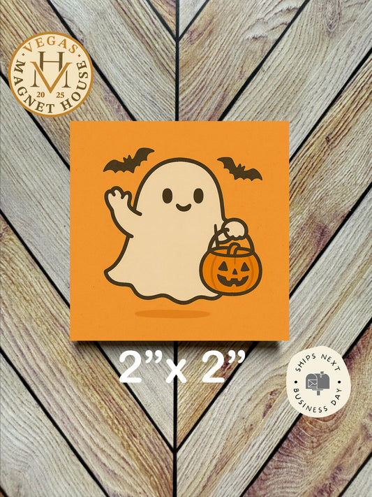 Ghost with basket  magnet | Pumpkin head | Halloween Fridge Decor 2x2"