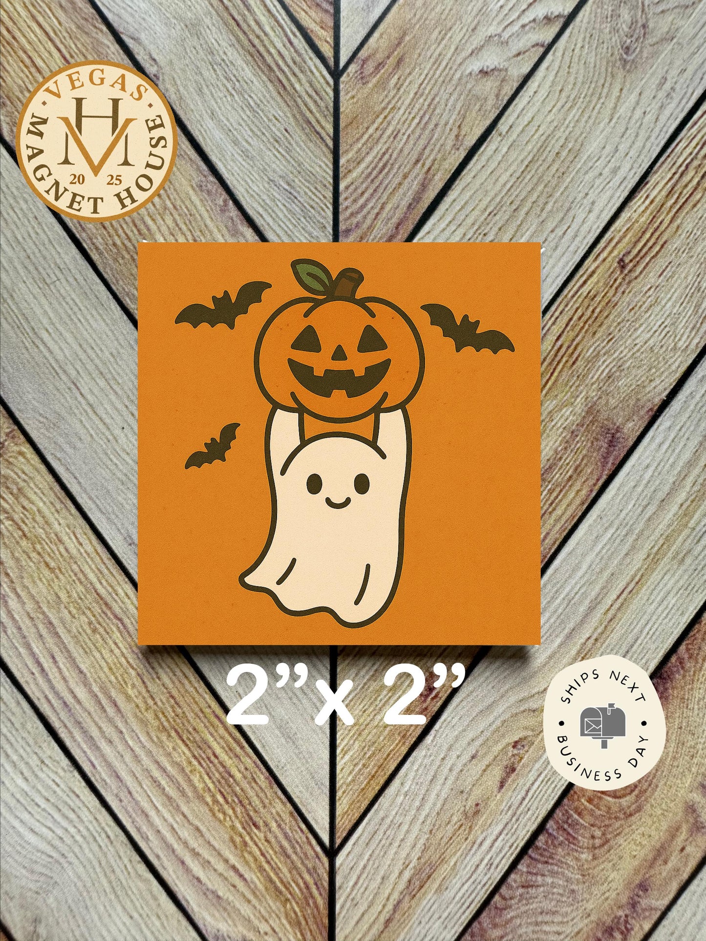 Little ghost hanging on Pumpkin magnet | Pumpkin head | Halloween Fridge Decor 2x2"
