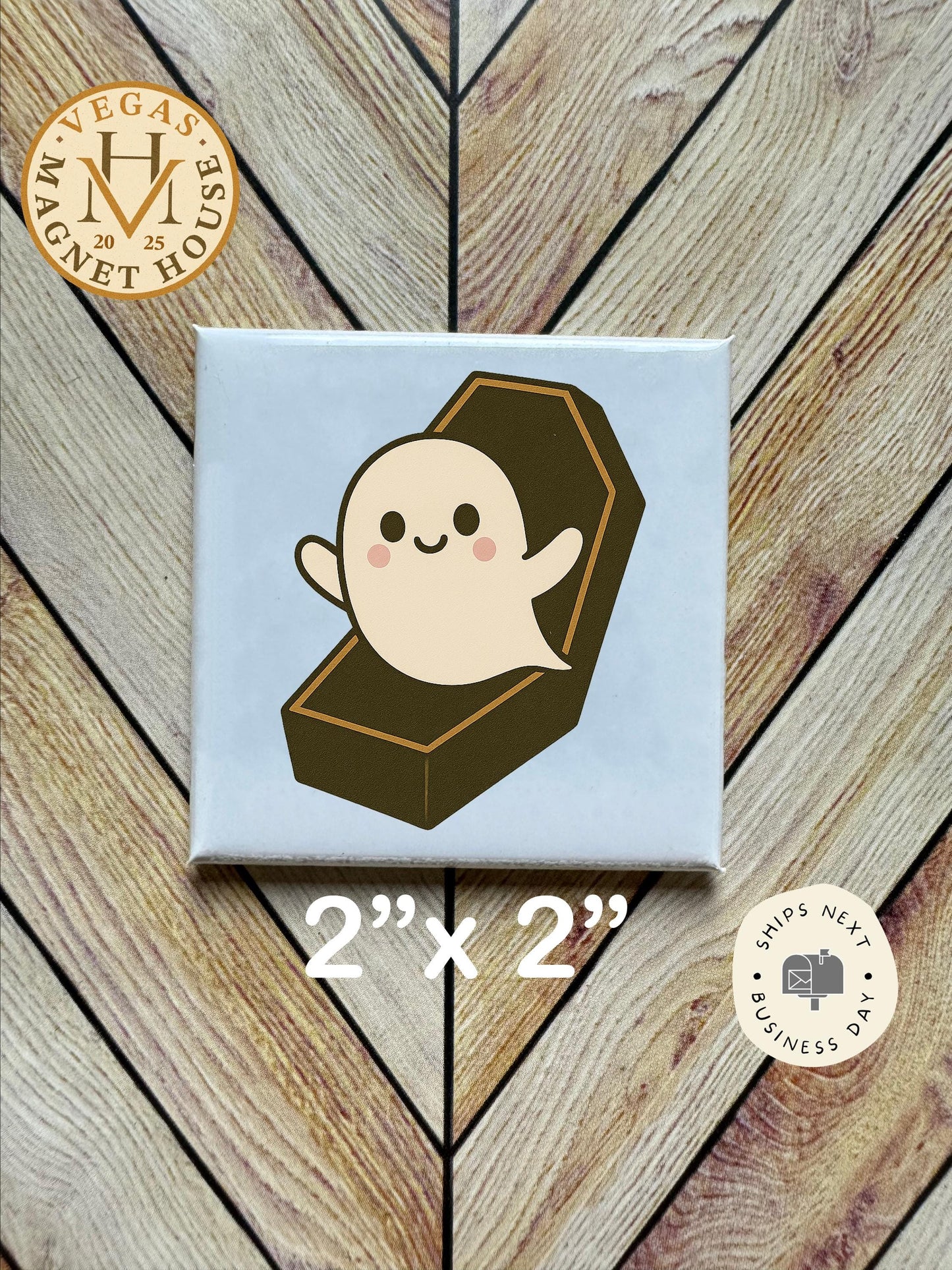 Little Ghost in Coffin | Halloween Fridge Decor 2x2"