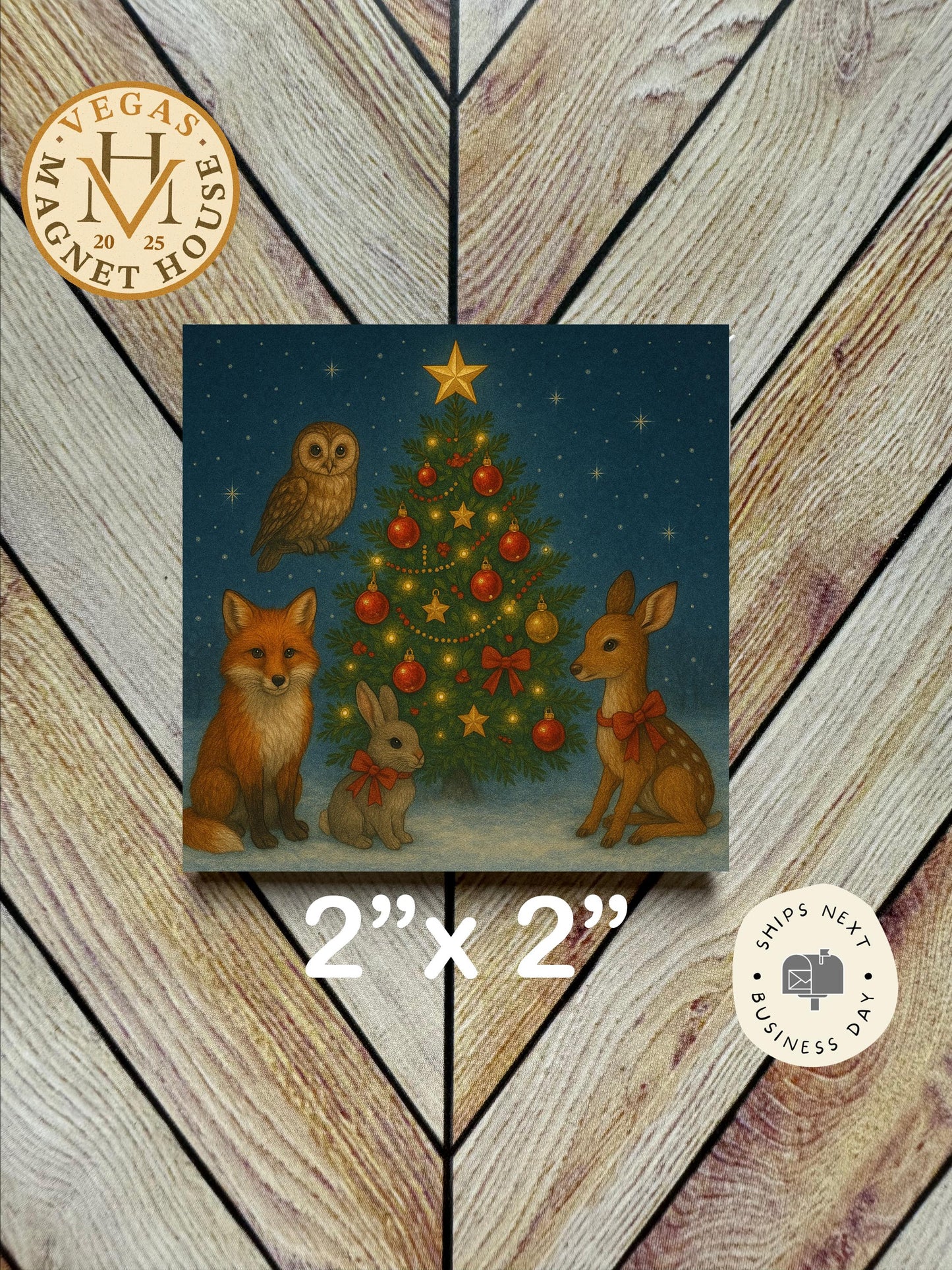 Christmas Tree with little Animals  |  Magnet: 2x2" Decorative Fridge Magnet