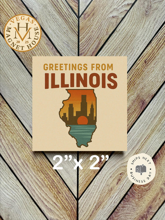 Greetings From ILLINOIS Magnet: 2x2" souvenir Fridge Decor