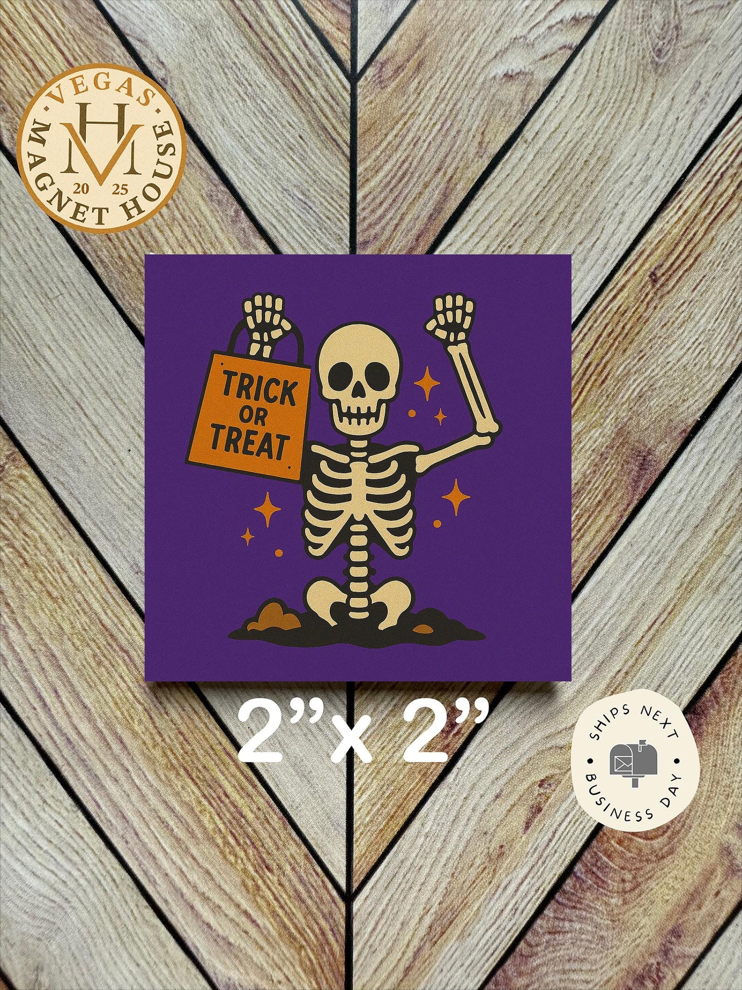 Skeleton with Candy Bag magnet | Pumpkin head | Halloween Fridge Decor 2x2"