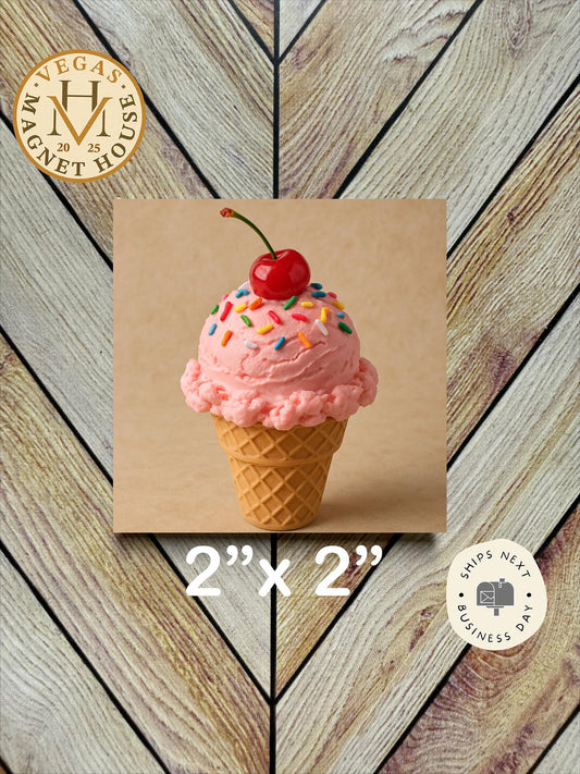 Ice cream cone with cherry  Magnet: 2x2" Decorative Fridge Magnet