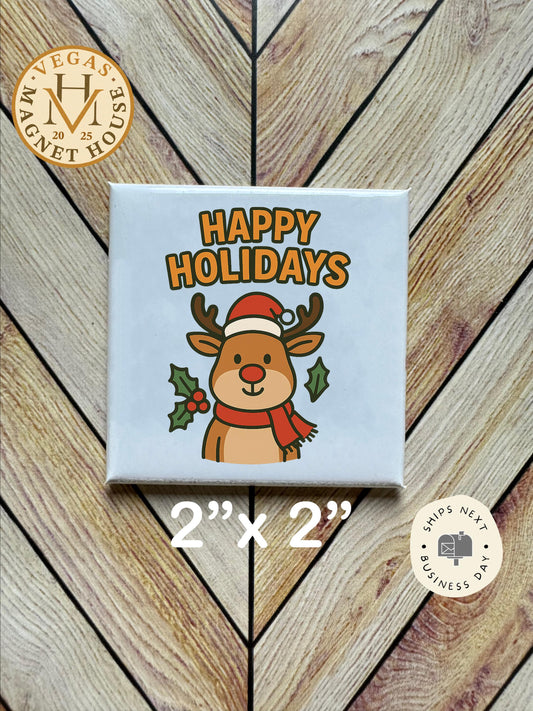 Happy Holidays Deer |Christmas  Magnet: Holiday Fridge Decor 2x2"