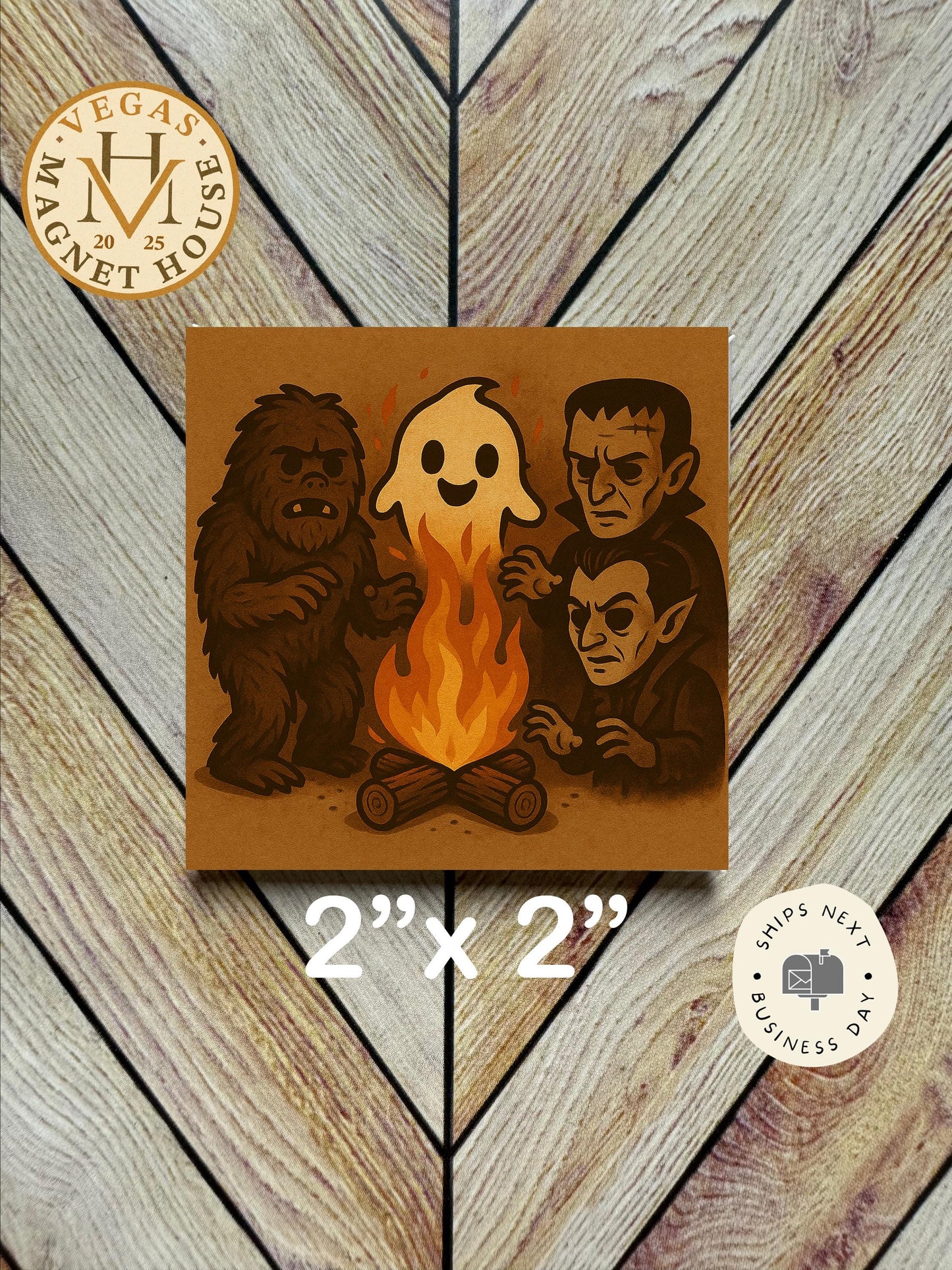 Monsters Camp fire magnet |pumpkins | Halloween Fridge Decor 2x2"
