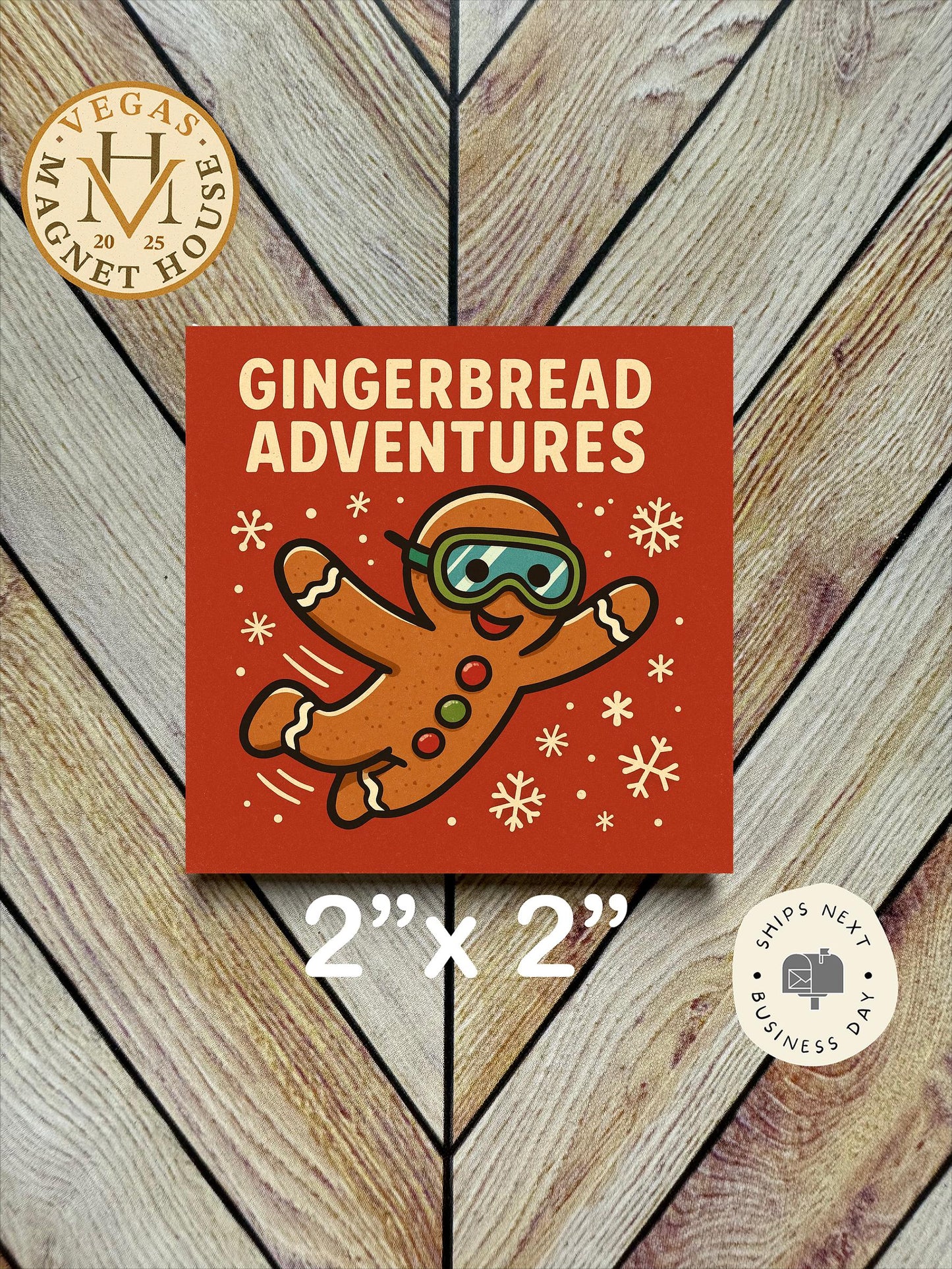Gingerbread Enjoying Snow: Decorative Fridge Magnet (2x2")