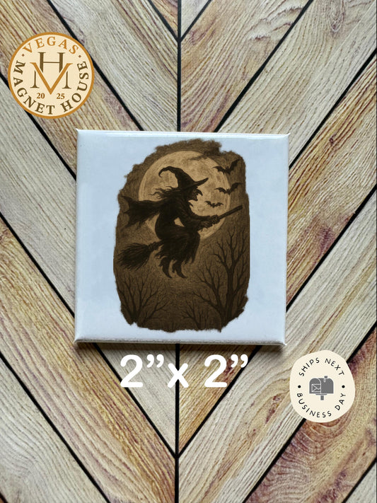 Witch on Broom Magnet  |pumpkins | Halloween Fridge Decor 2x2"