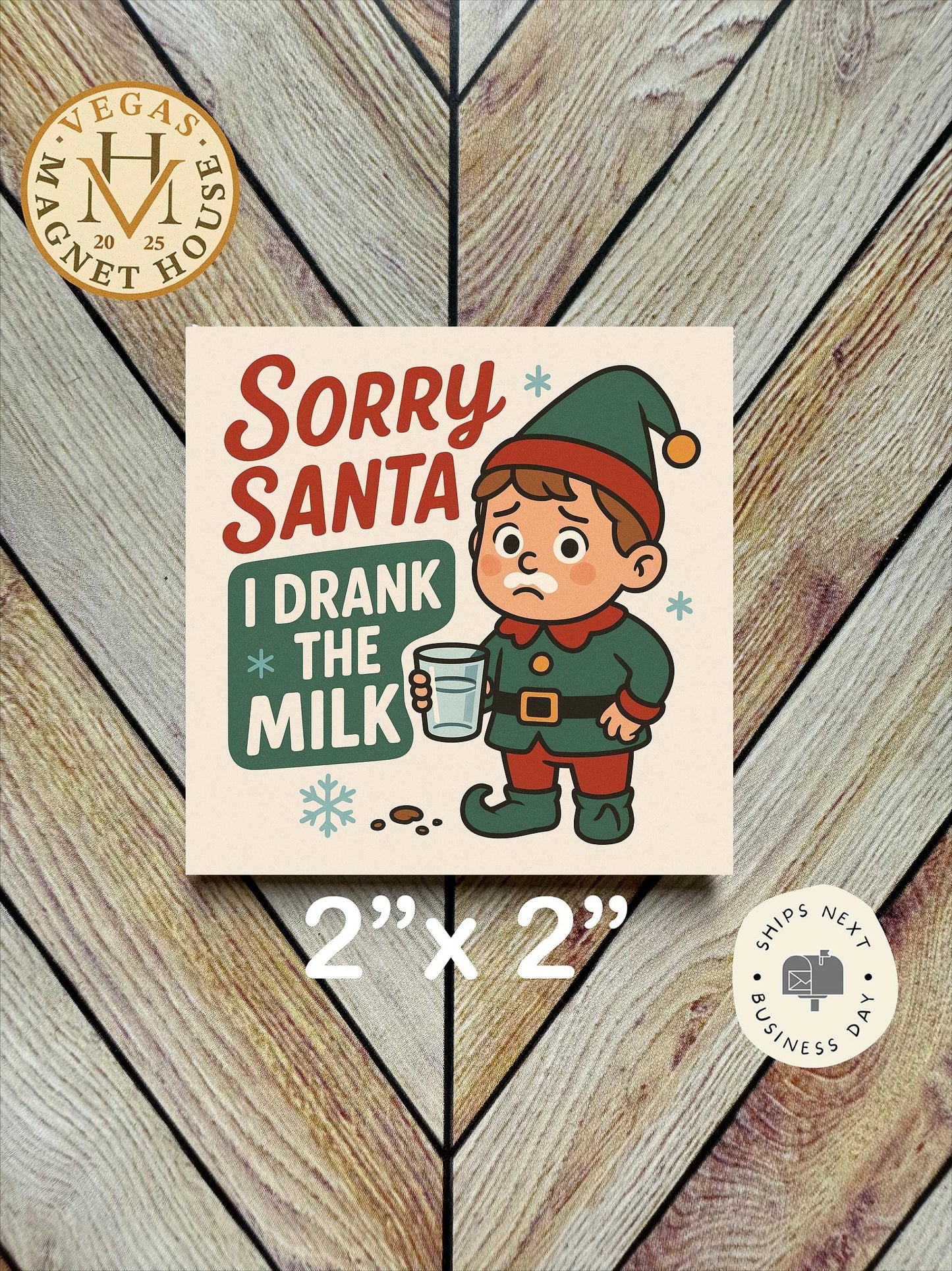 Funny Christmas Magnet: Retro Santa, Drunk Elf (2x2")