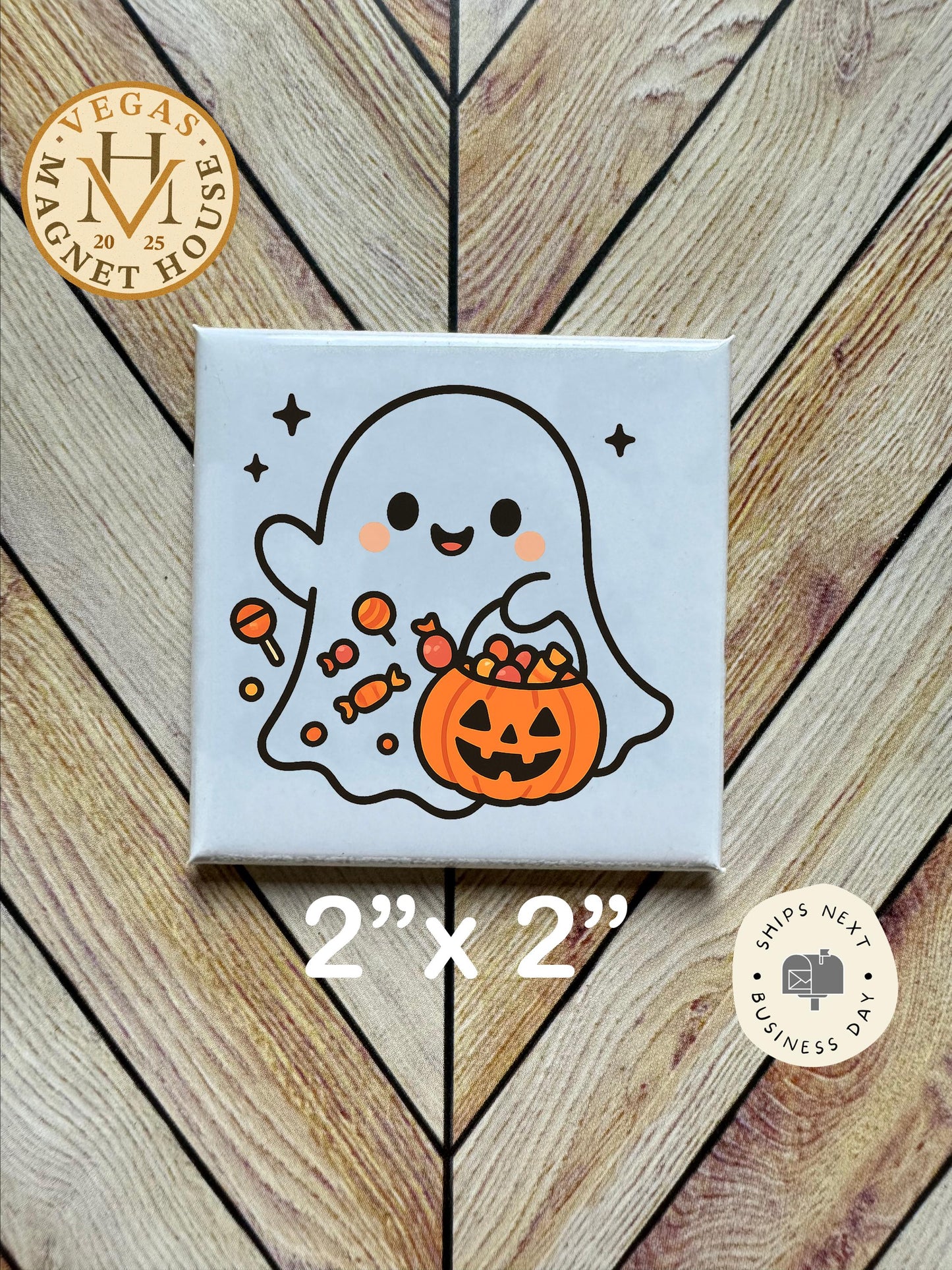 Little Ghost with pumpkin magnet | Pumpkin head | Halloween Fridge Decor 2x2"