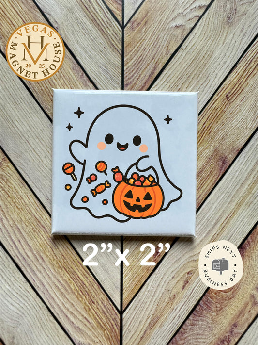 Little Ghost with pumpkin magnet | Pumpkin head | Halloween Fridge Decor 2x2"