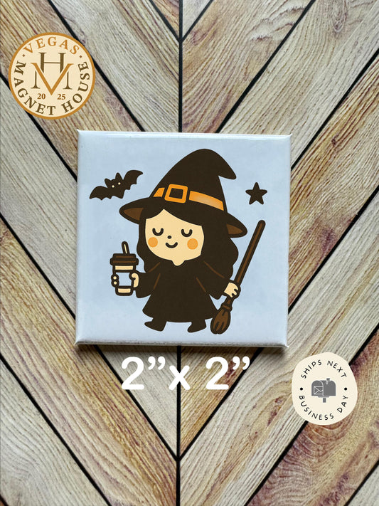 Little witch with Coffee  magnet | Pumpkin head | Halloween Fridge Decor 2x2"