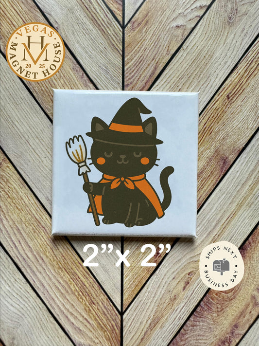 Witch Cat  |pumpkins | Halloween Fridge Decor 2x2"