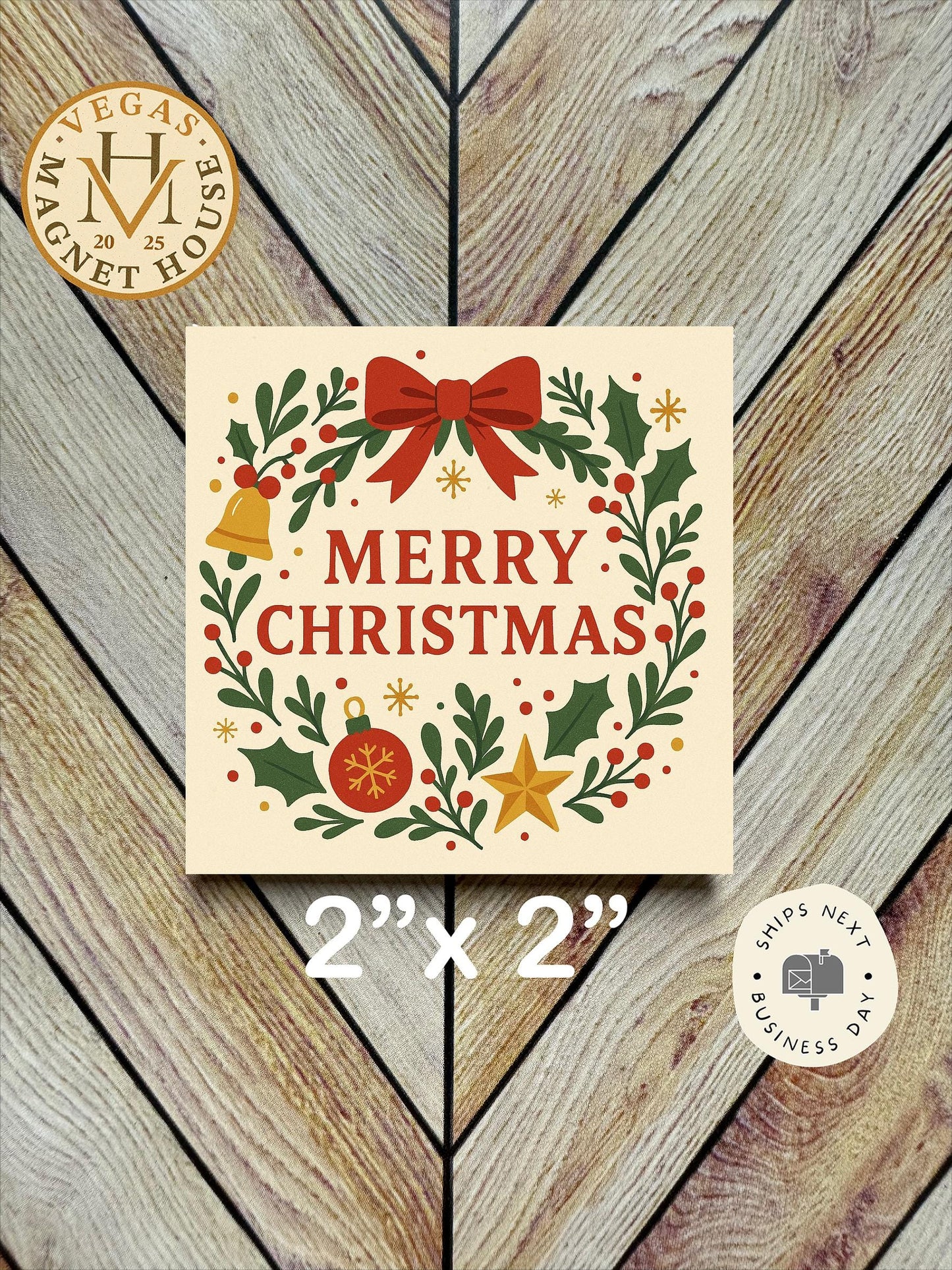 Merry Christmas bows and bells |  Magnet: 2x2" Decorative Fridge Magnet