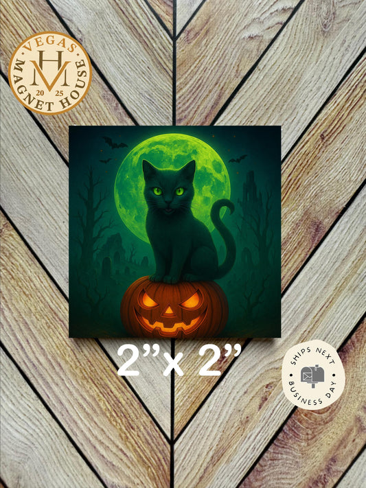 Cat on Pumpkin Magnet – Halloween Fridge Decor (2x2") |  Magnet | Spooky Gift
