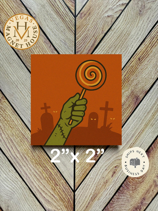 Scary green hand with lollypop  Magnet  | Pumpkin head | Halloween Fridge Decor 2x2"