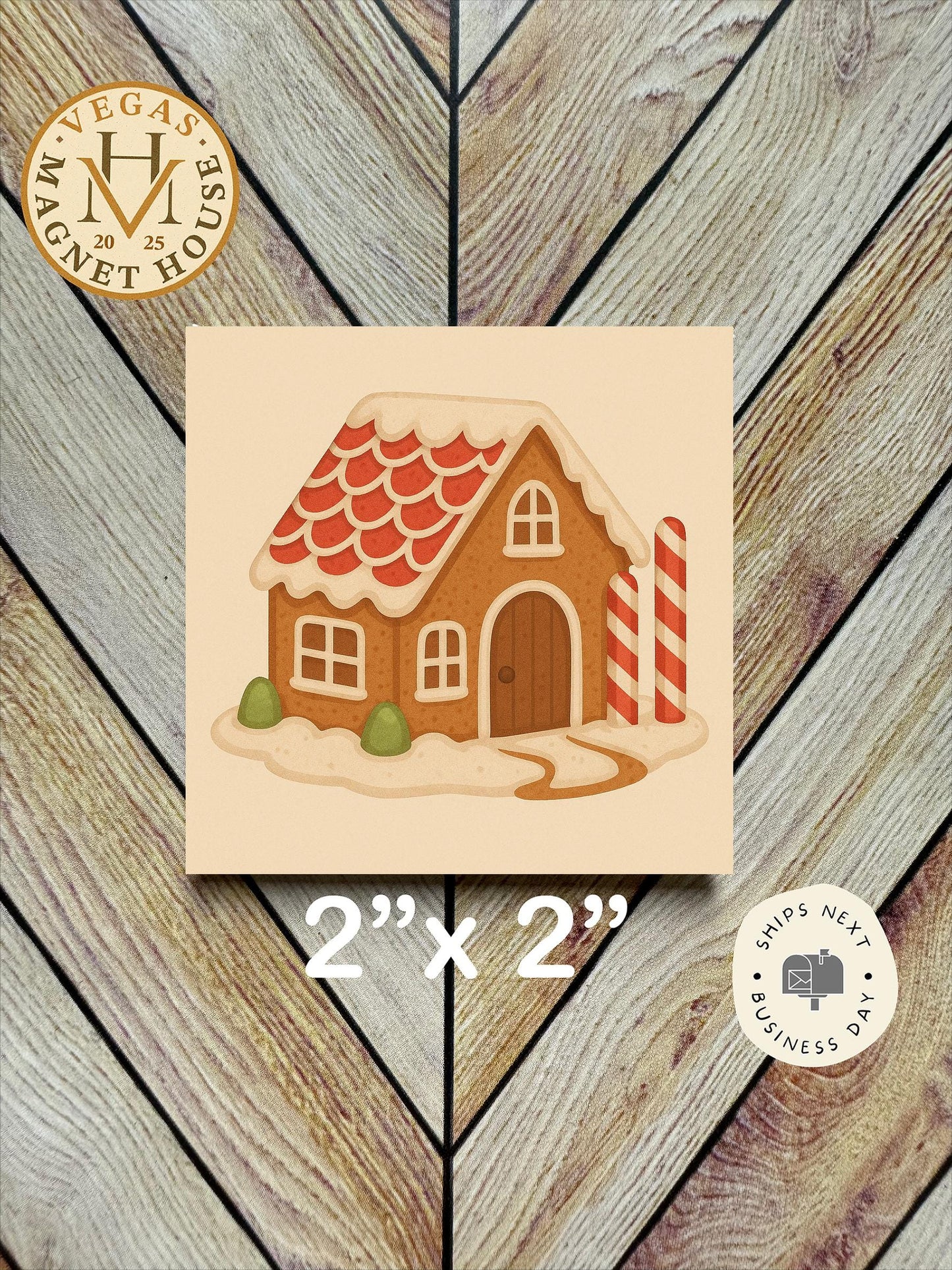 Gingerbread House with Candy Cane  : Decorative Fridge Magnet (2x2")