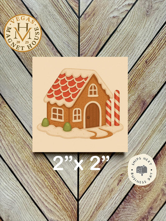 Gingerbread House with Candy Cane  : Decorative Fridge Magnet (2x2")