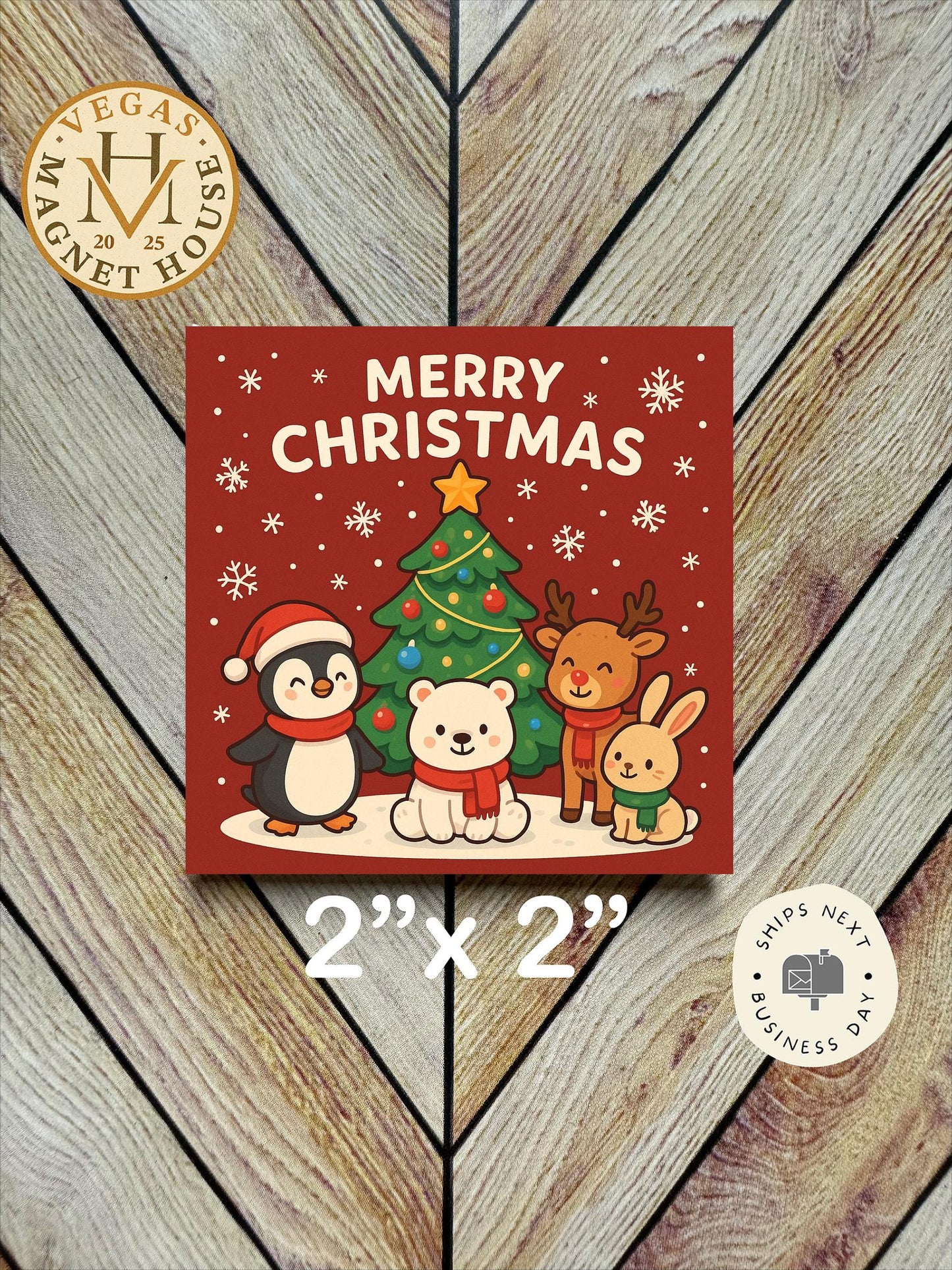 Christmas Animals around Tree  |  Magnet: 2x2" Decorative Fridge Magnet