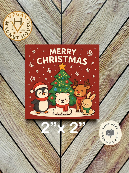 Christmas Animals around Tree  |  Magnet: 2x2" Decorative Fridge Magnet