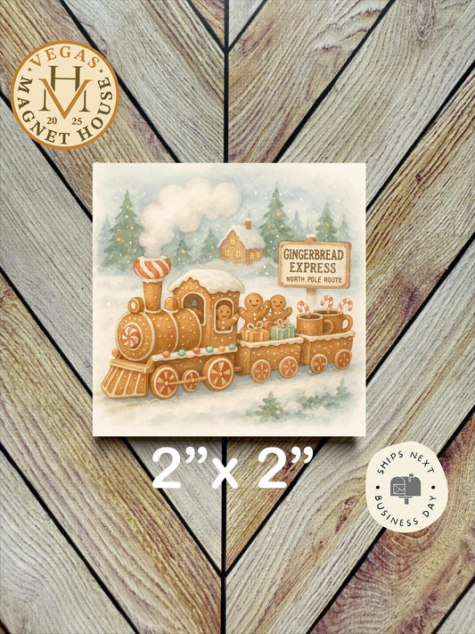 Gingerbread Train : Decorative Fridge Magnet (2x2")