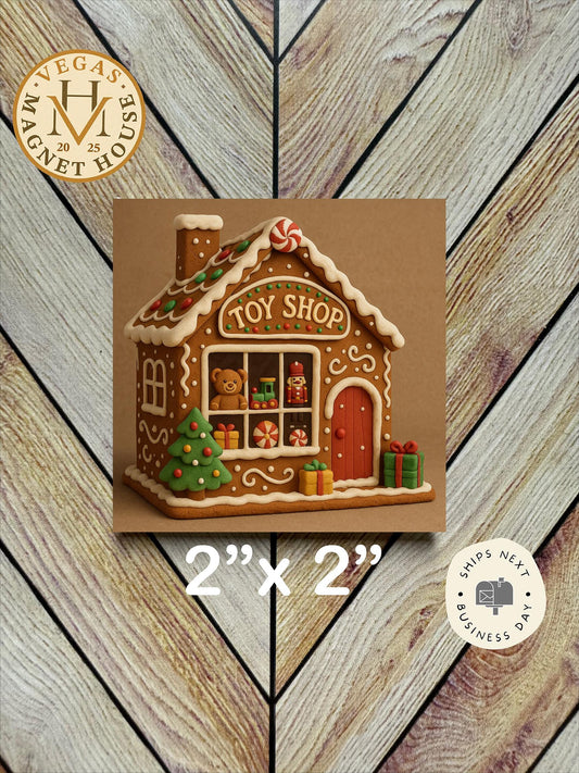 Gingerbread Toy shop: Decorative Fridge Magnet (2x2")