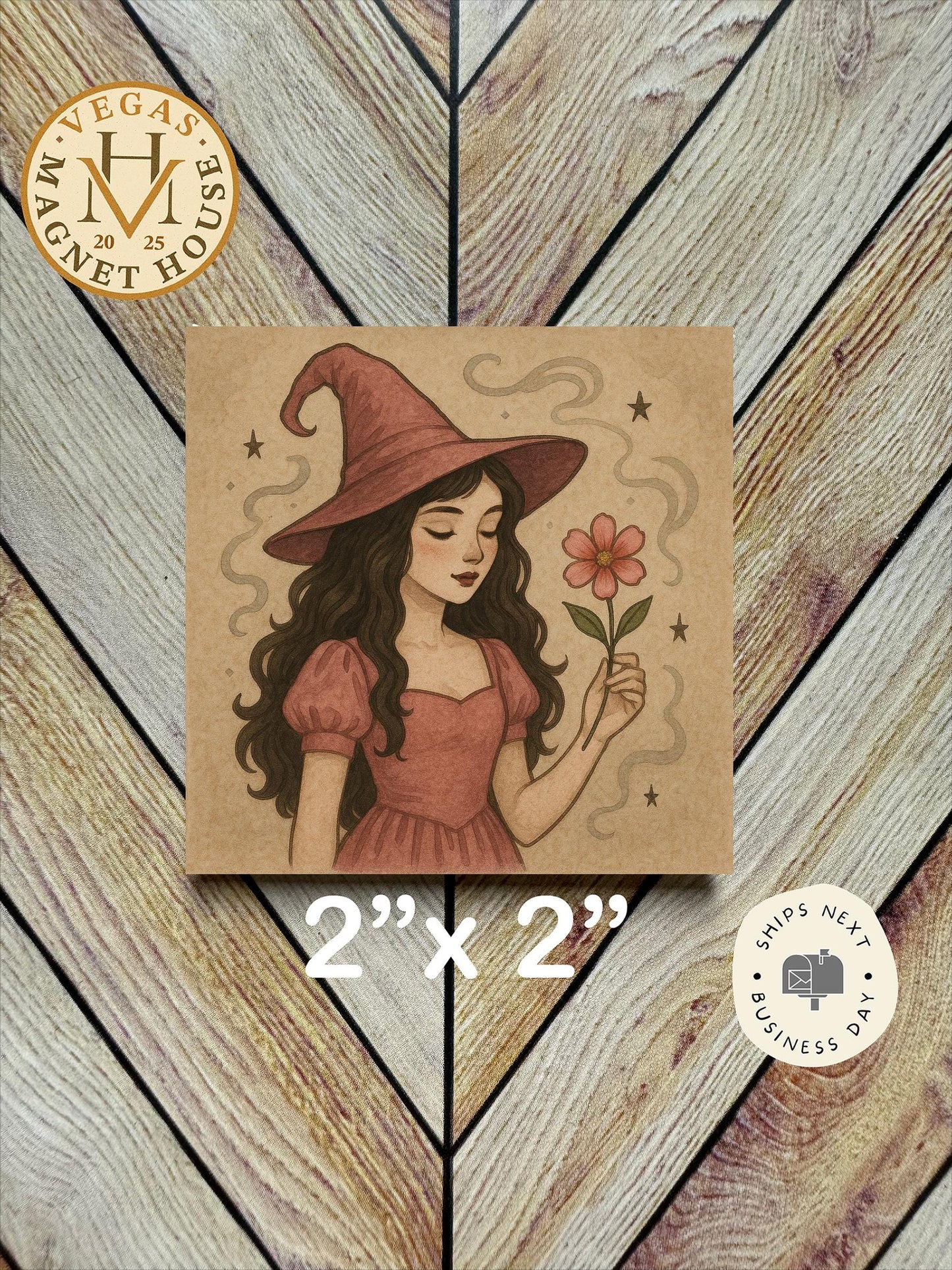 Pink witch with Flower  | Pumpkin head | Halloween Fridge Decor 2x2"