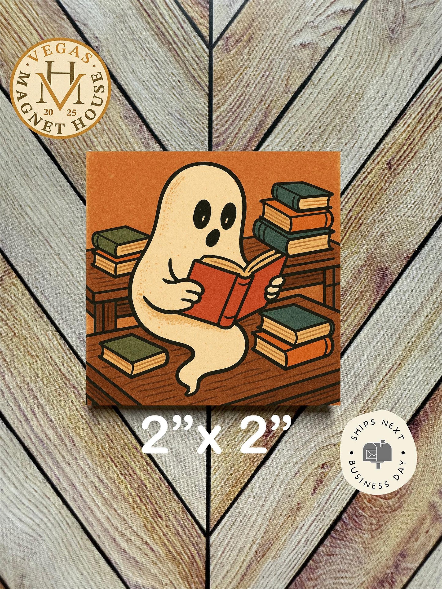 Books Retro Ghost reading  Magnet   | Pumpkin head | Halloween Fridge Decor 2x2"