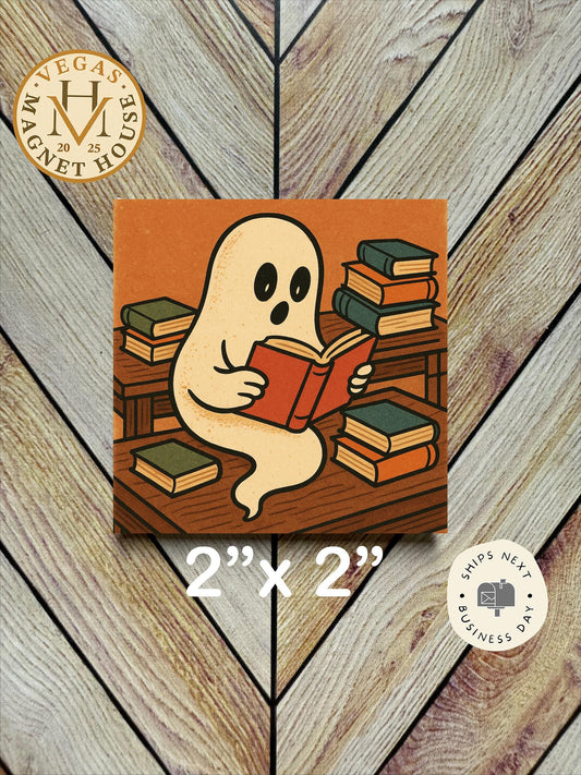 Books Retro Ghost reading  Magnet   | Pumpkin head | Halloween Fridge Decor 2x2"