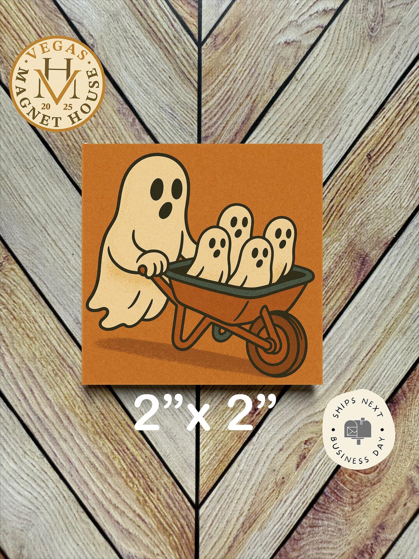 Ghost with little Ghost in cart  | Pumpkin head | Halloween Fridge Decor 2x2"