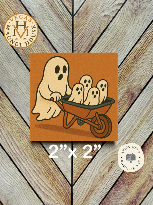 Ghost with little Ghost in cart  | Pumpkin head | Halloween Fridge Decor 2x2"