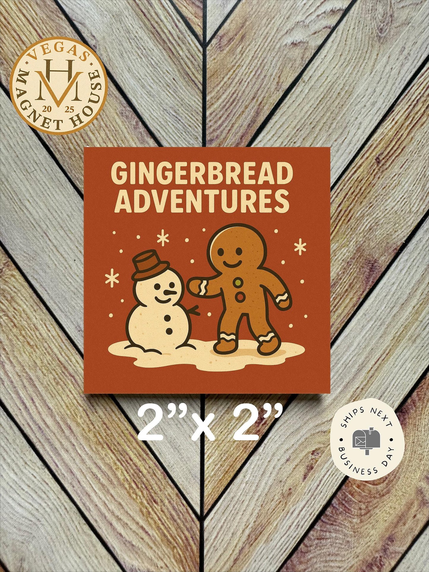 Gingerbread playing with Snowman: Decorative Fridge Magnet (2x2")