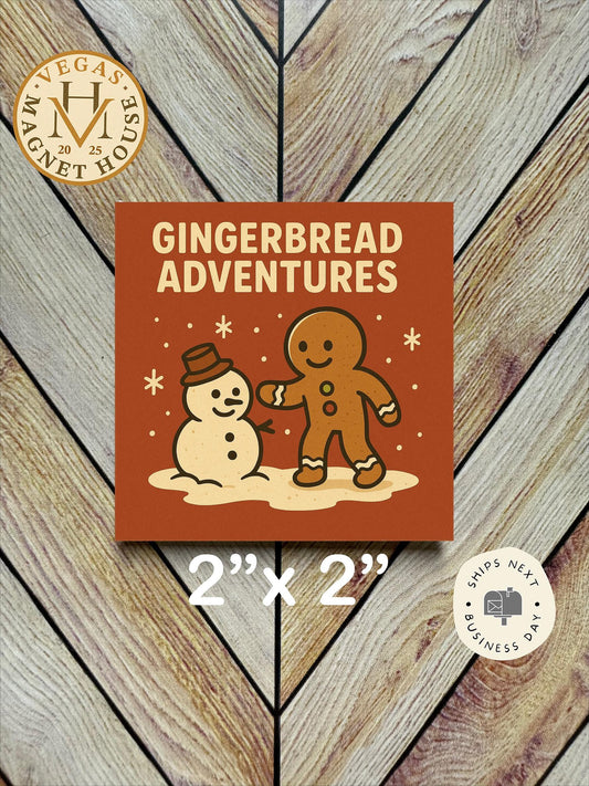 Gingerbread playing with Snowman: Decorative Fridge Magnet (2x2")