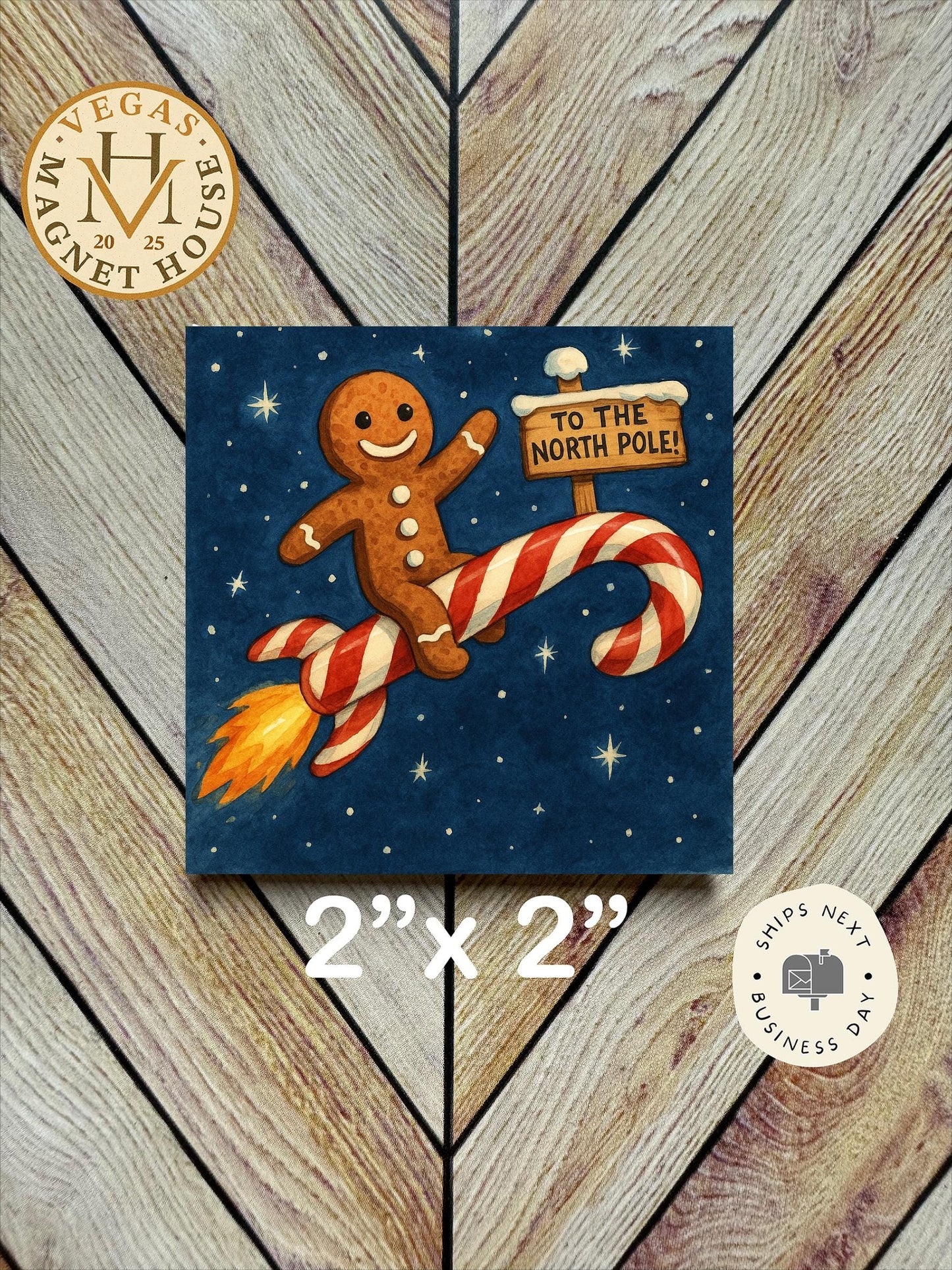 Candy Cane Rocket To the North Pole Gingerbread: Decorative Fridge Magnet (2x2")
