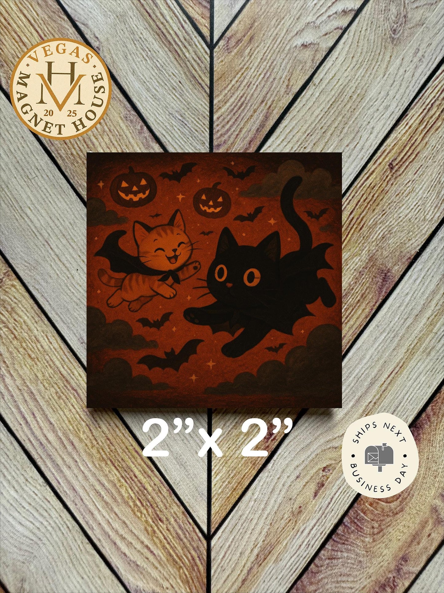 Little cat flying with black cat | Pumpkin head | Halloween Fridge Decor 2x2"