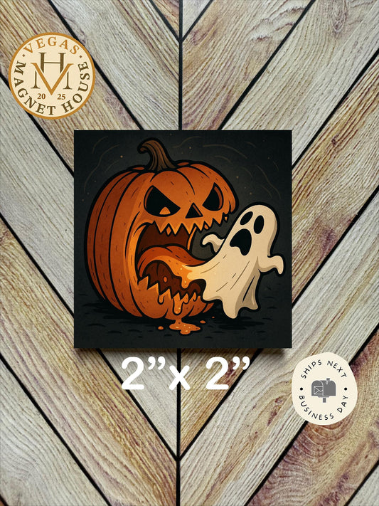 Halloween Pumpkin Eating Ghost Magnet – Spooky Fridge Decor (2x2")