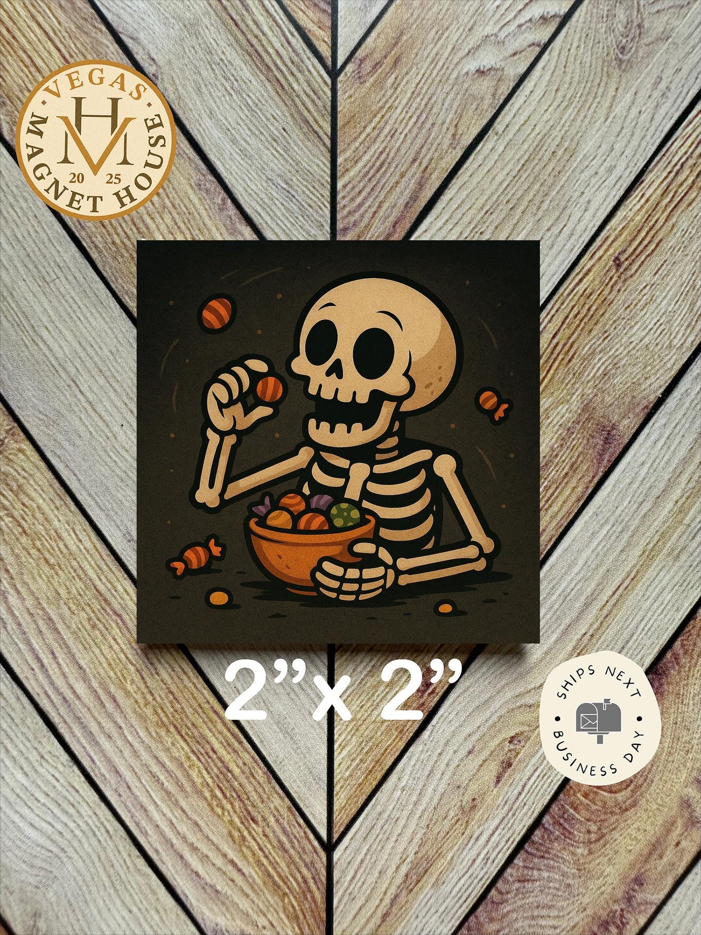 Skeleton eating candy Magnet – Halloween Fridge Decor (2x2") |  Magnet | Spooky Gift