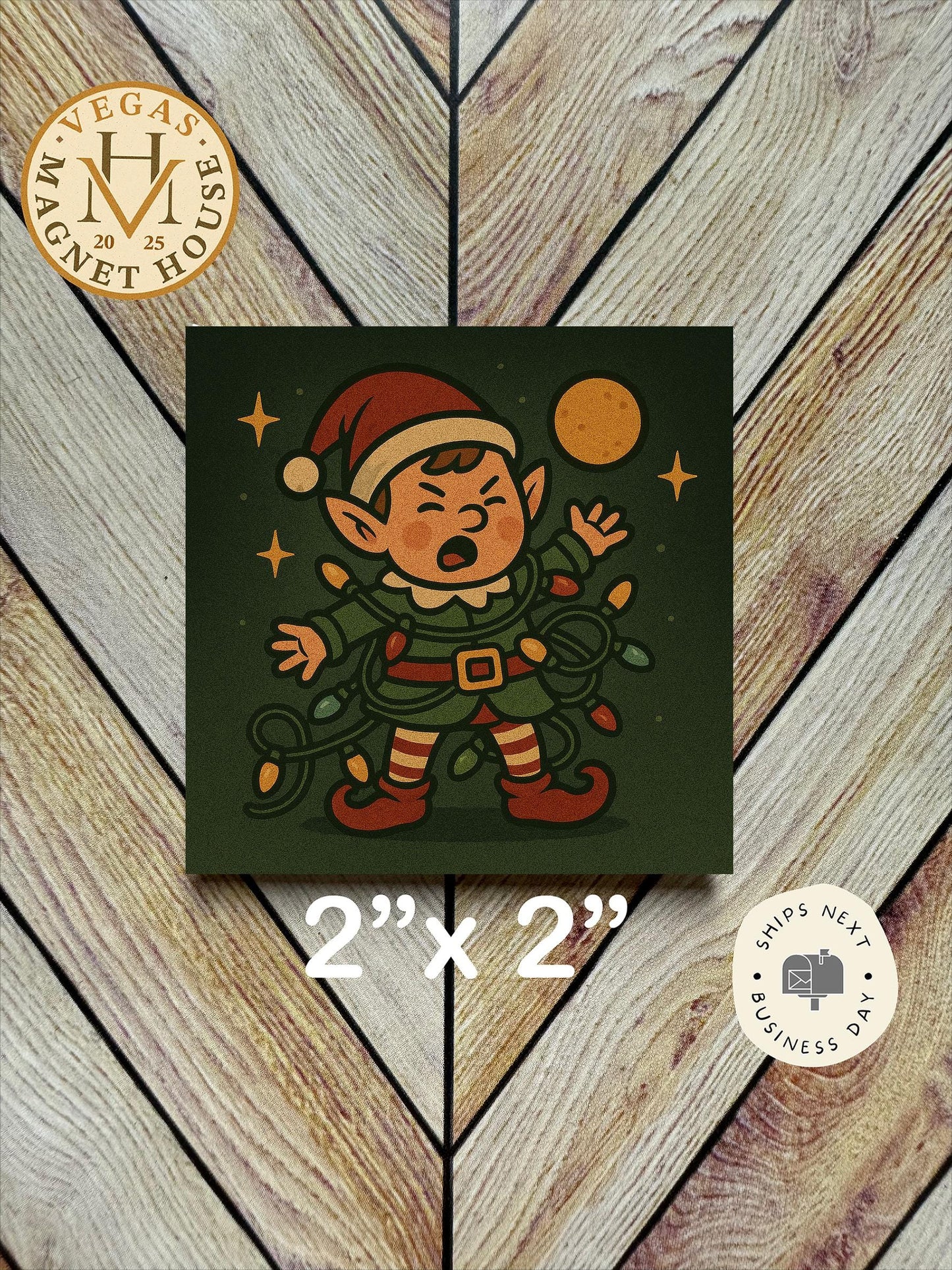 Elf tangled in lights : Decorative Fridge Magnet (2x2")