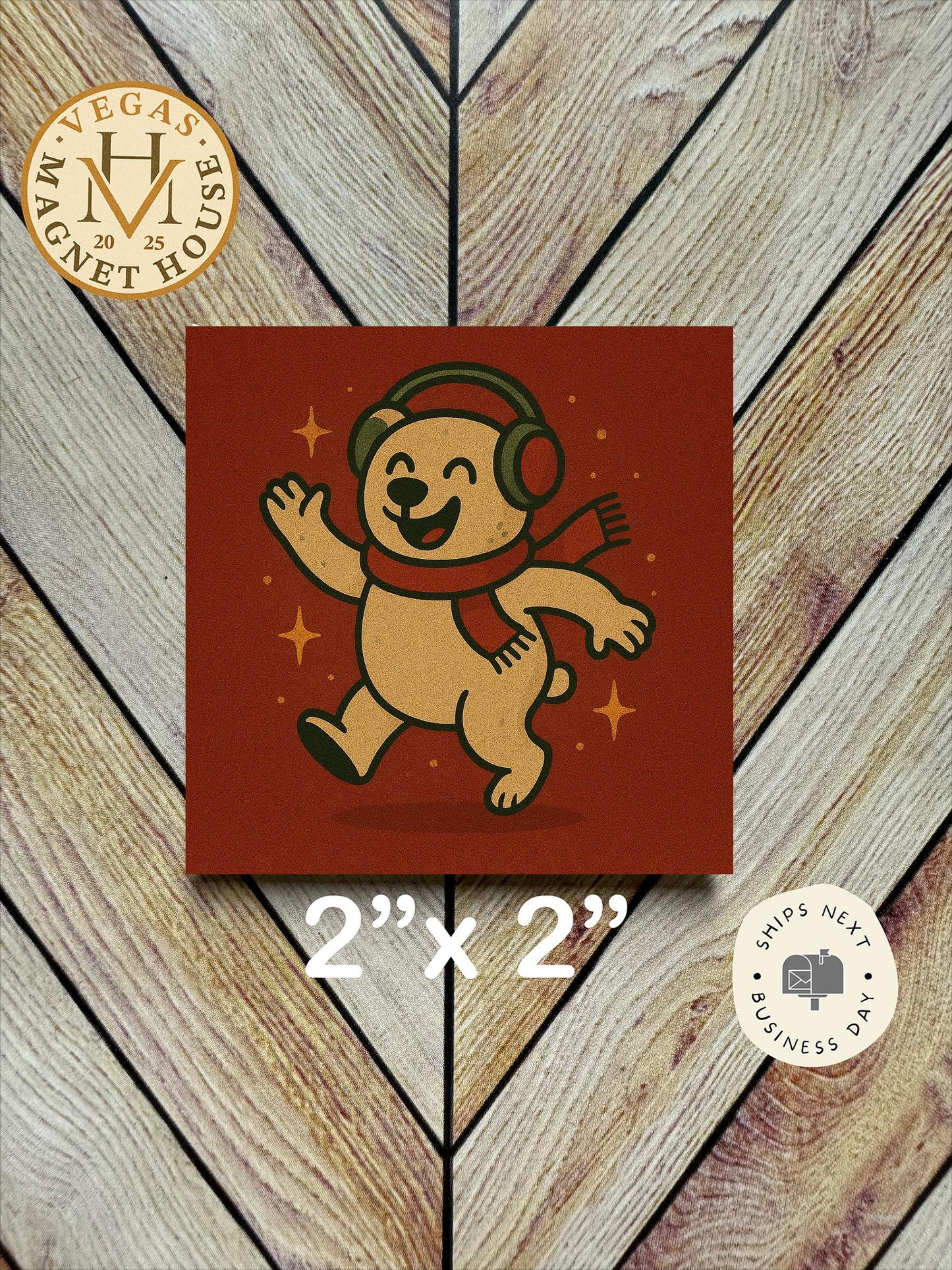 Polar bear wearing earmuffs and dancing : Decorative Fridge Magnet (2x2")