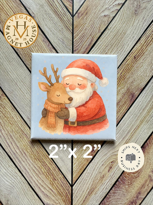 Santa hugging reindeer : Decorative Fridge Magnet (2x2")