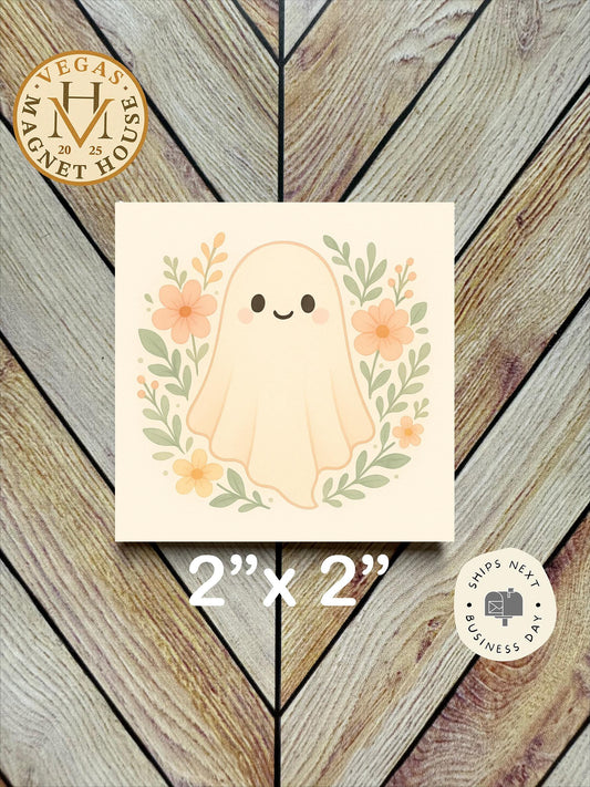 Little Ghost with Flowers around | Pumpkin head | Halloween Fridge Decor 2x2"