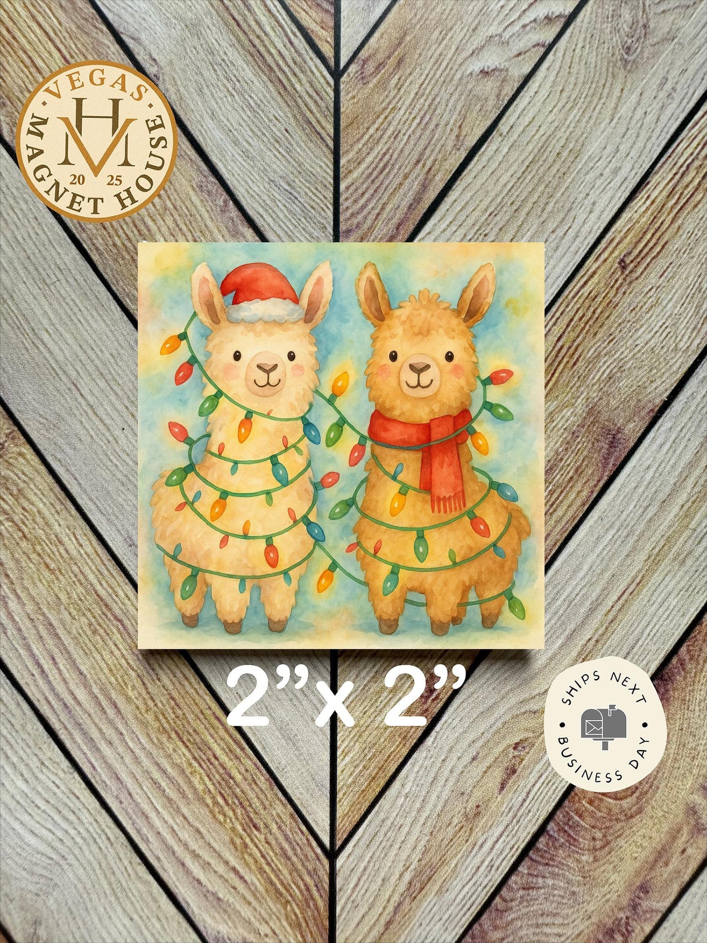 Holiday llamas tangled in lights : Decorative Fridge Magnet (2x2")