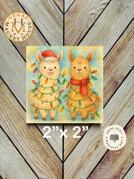 Holiday llamas tangled in lights : Decorative Fridge Magnet (2x2")