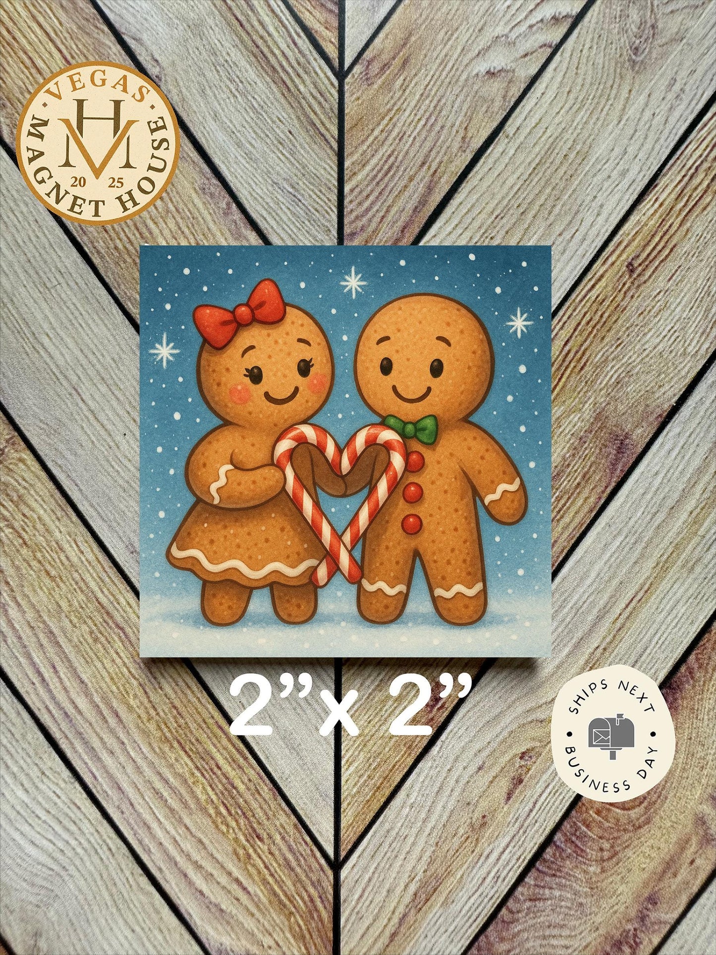 Gingerbread Couple with Candy Cane Heart : Decorative Fridge Magnet (2x2")