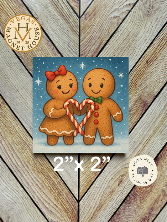 Gingerbread Couple with Candy Cane Heart : Decorative Fridge Magnet (2x2")