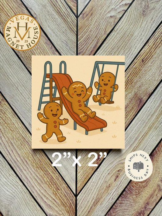 Gingerbreads playing in a playground : Decorative Fridge Magnet (2x2")