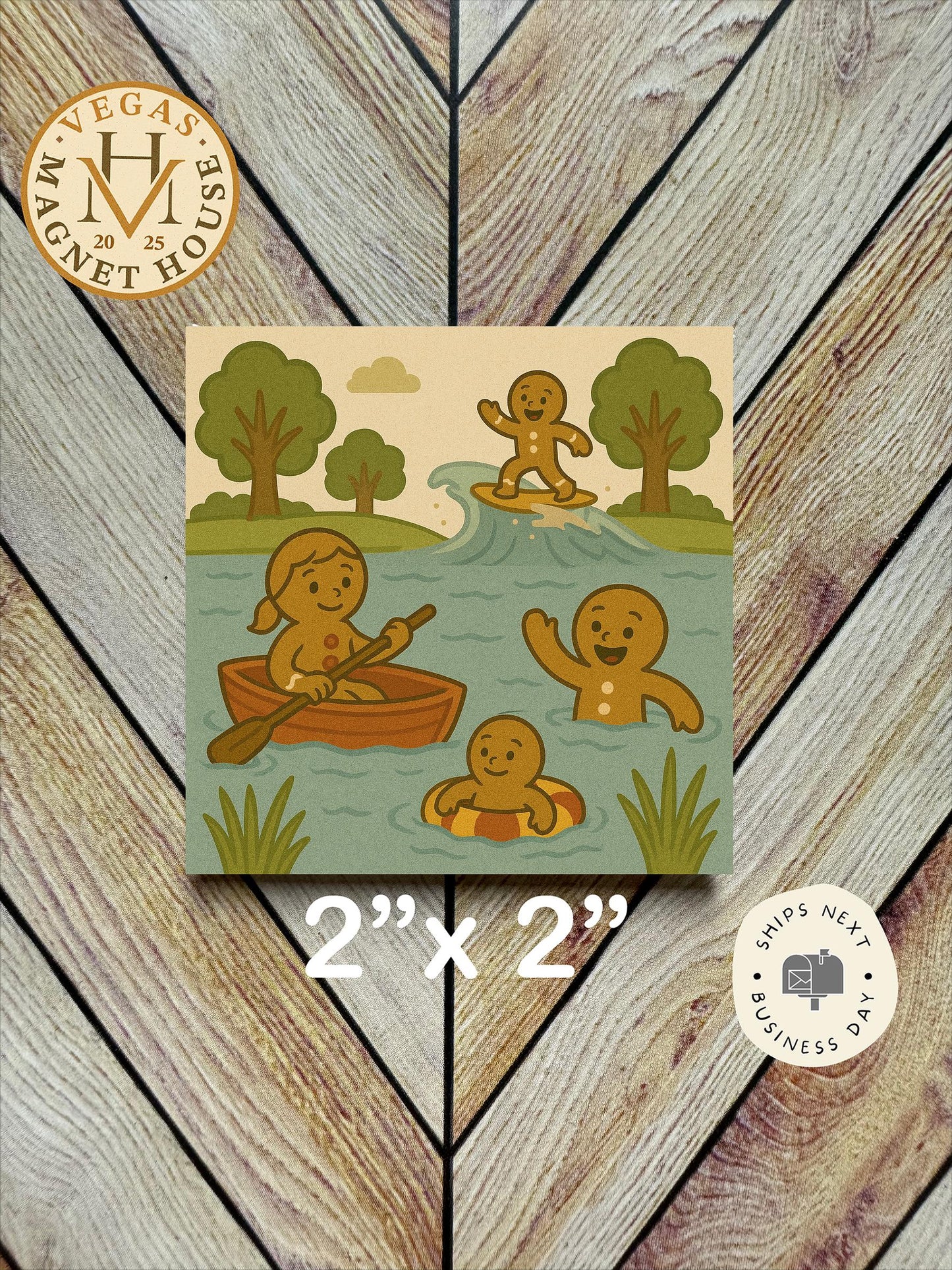 gingerbread playing in a Lake : Decorative Fridge Magnet (2x2")