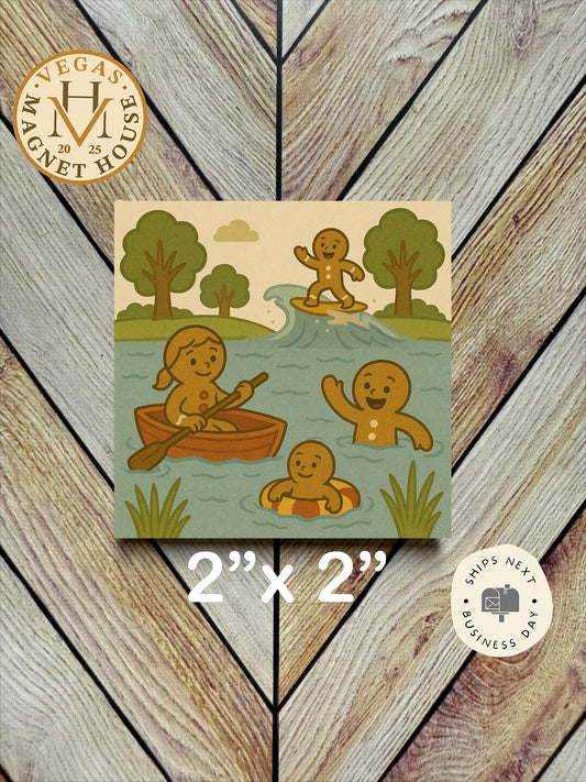 gingerbread playing in a Lake : Decorative Fridge Magnet (2x2")