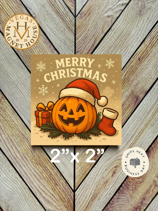 Happy Pumpkin Head ready for Christmas |pumpkins | Halloween Fridge Decor 2x2"